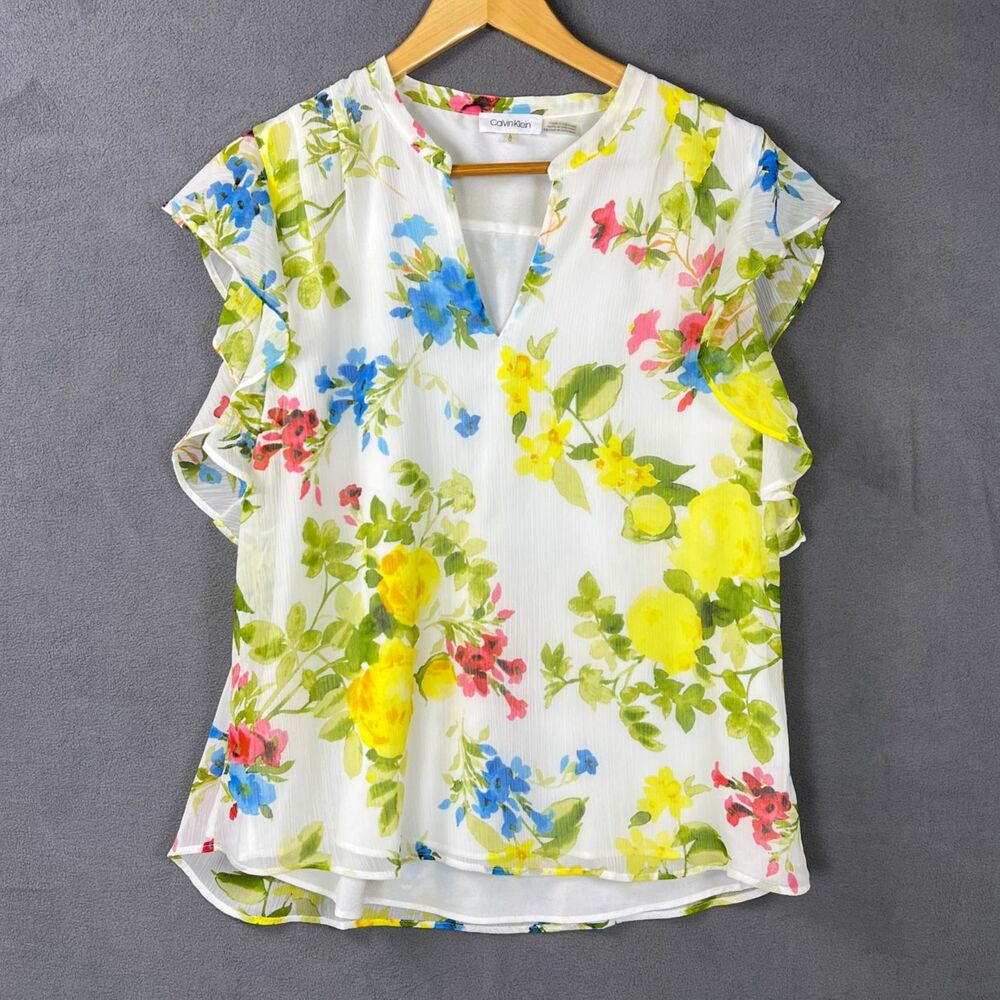 Calvin Klein Floral Ruffle Sleeve Top V-Neck Chiffon Blouse Yellow Blue Womens L